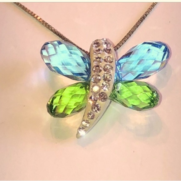 925 AU Sterling Silver Vintage Blue & Green CZ Gem Stone Butterfly necklace - Picture 1 of 5